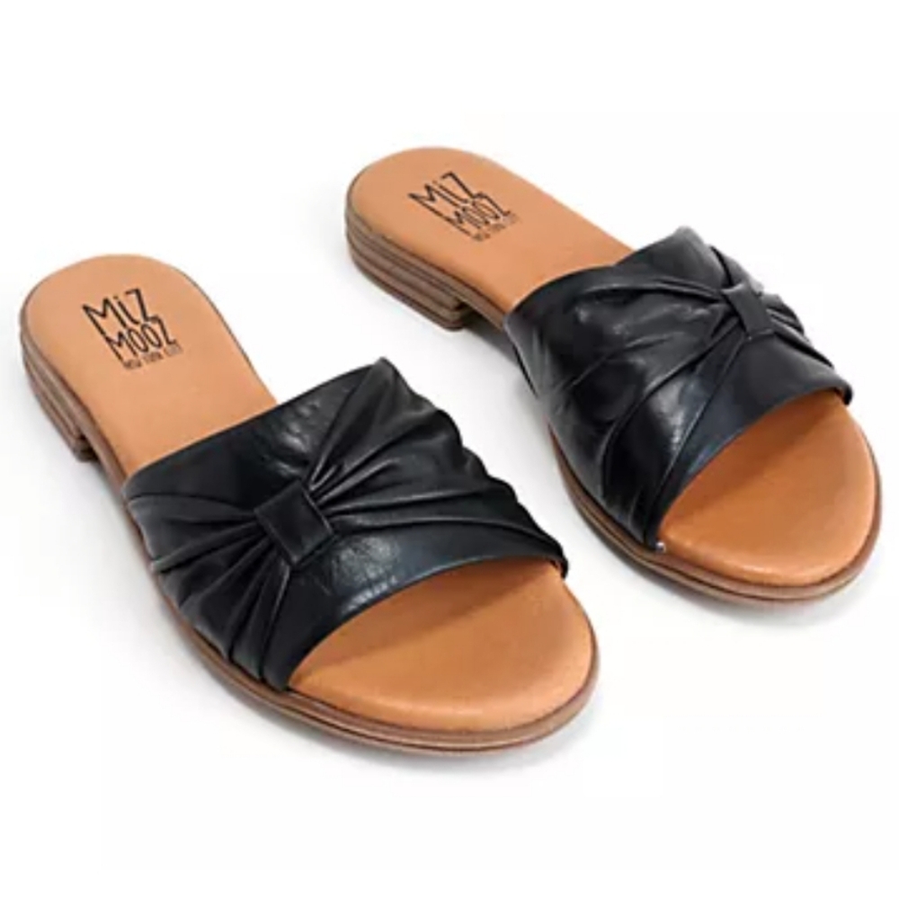 Miz Mooz DAISEY Black Ruched Leather Bow Detail Slide Sandals 38